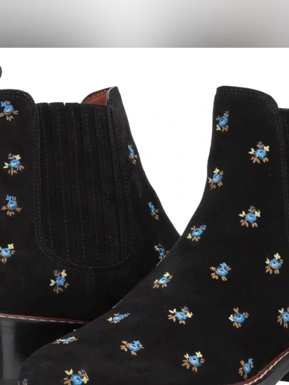 COACH Bowery Chelsea Suede Ankle Boots with Blue Floral Embroidery